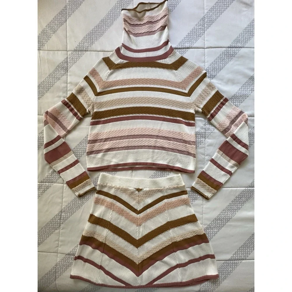 NWT Free People Stripe Turtleneck Sweater &‎ Chevron Mini Skirt Set XS Neutral